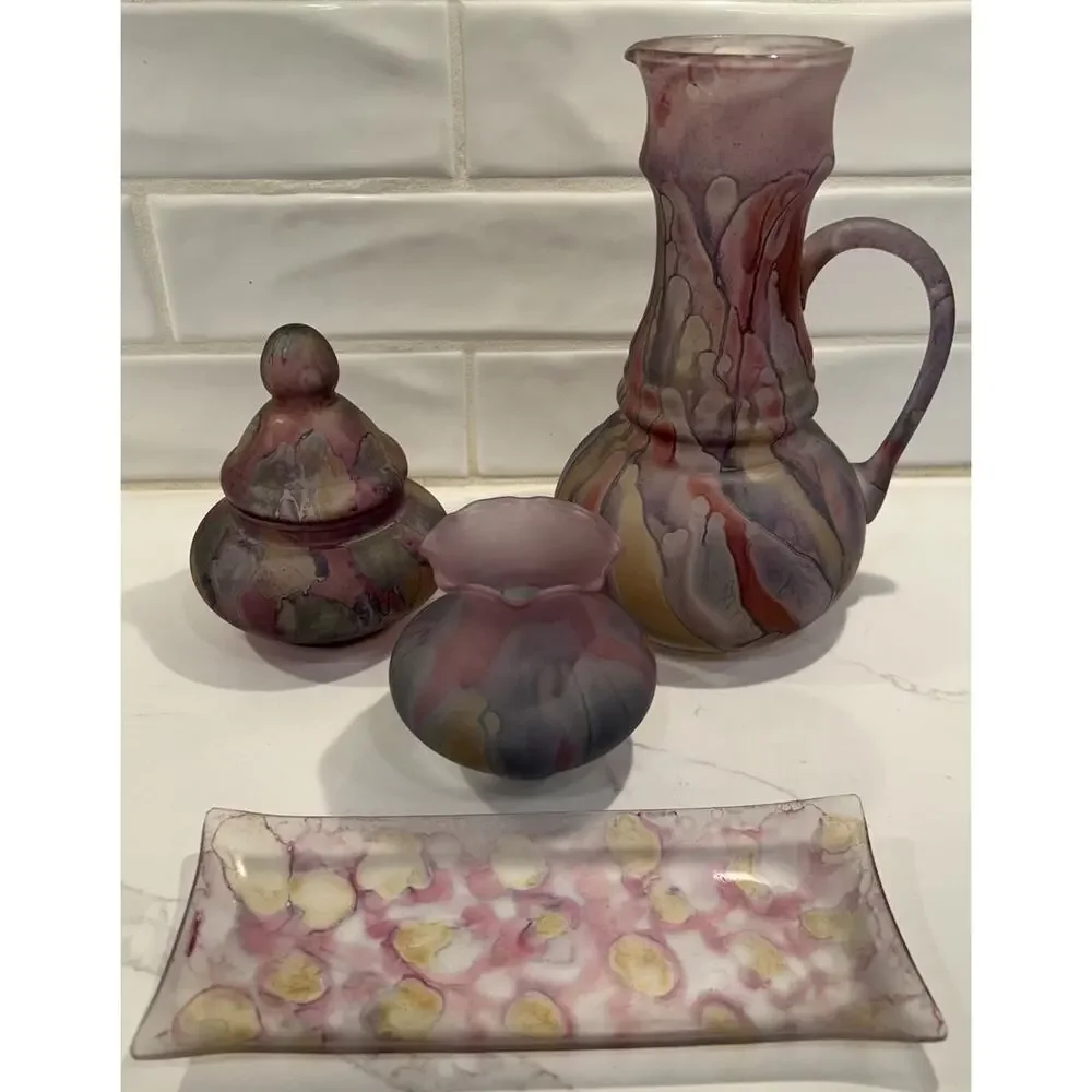 Vtg Rueven Israeli Original Hand Painted Nouveau Art Glass Pitcher Vase Set Of 4